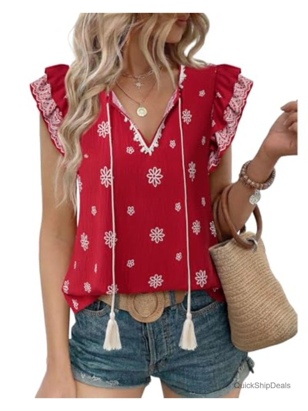 Unixseque Womens Summer Top Tie Front Casual Blouse Flowy Boho Ruffle Sleeve